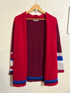 Color Works by InCashmere Open-Front Red Burgundy Blue Women's Cardigan Large
